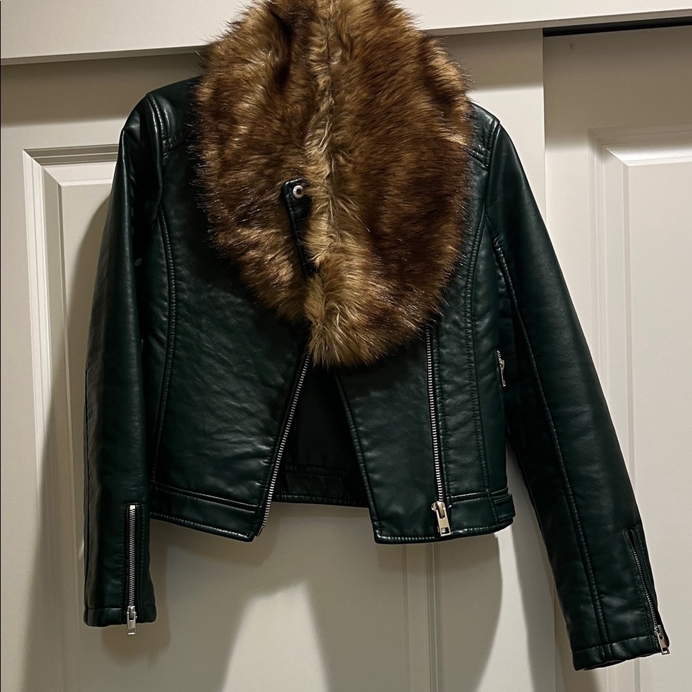 Forest Green Faux Leather Jacket with Faux Fur Trim